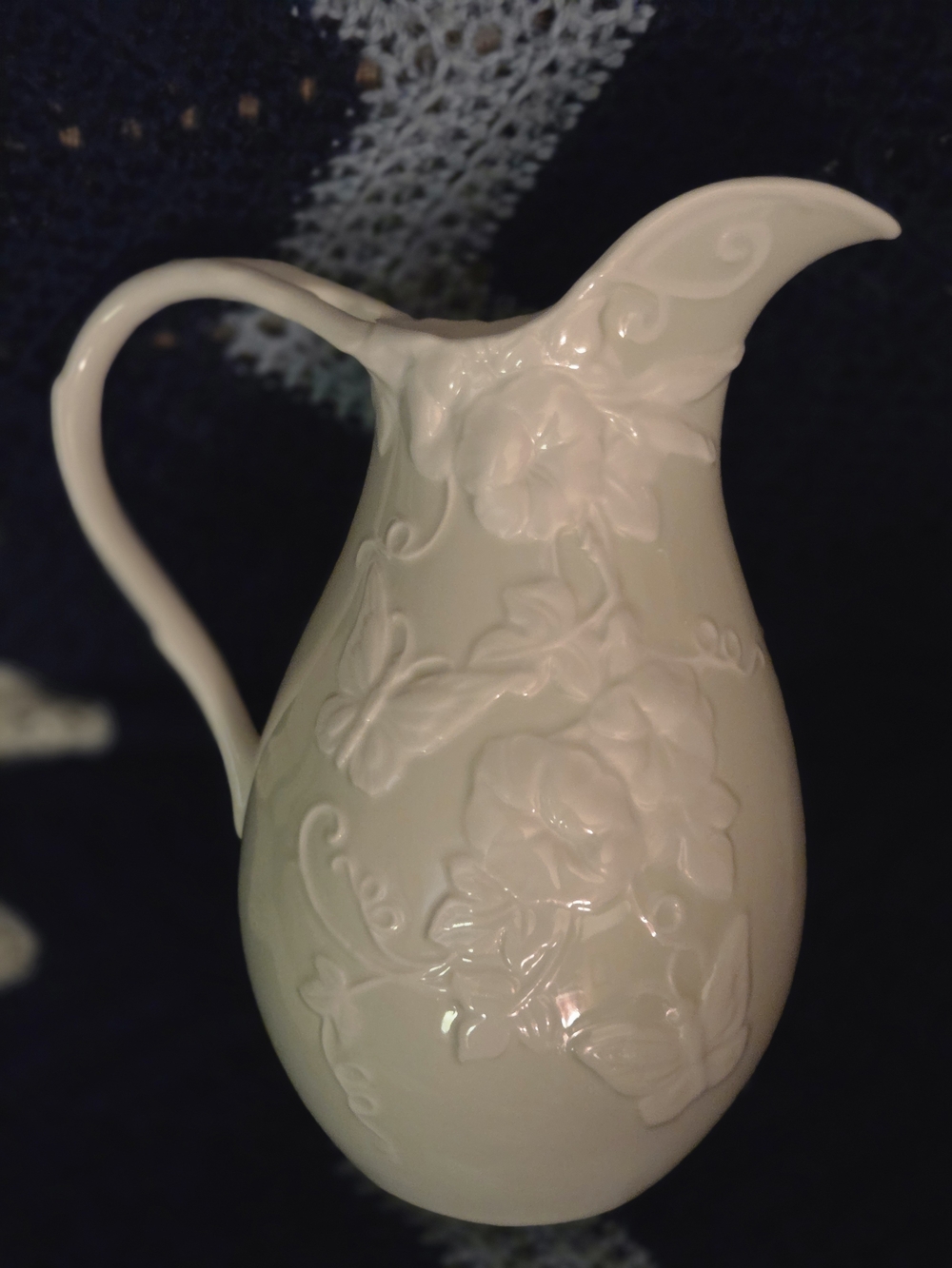 Elegant White Ceramic Floral Pitcher - Decorative Home Accent